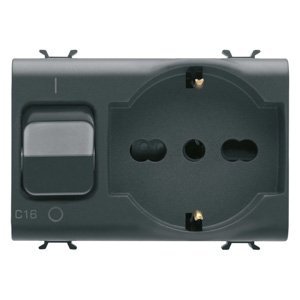 Gewiss Reteszelő kapcsolós csatlakozó-aljzat - 2P+E 16A P40 - Kismegszakítóval 1P+N 16A - 230 V AC - 3 modulos - Szatén fekete - CHORUSMART
