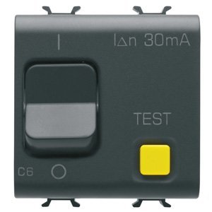 Gewiss Áram-védőkapcsoló túláramvédelemmel - Karakterisztika: C - Típus: A - 1P+N 6A 230 V AC 30mA - 2 modulos - Szatén fekete - CHORUSMART termékfotó