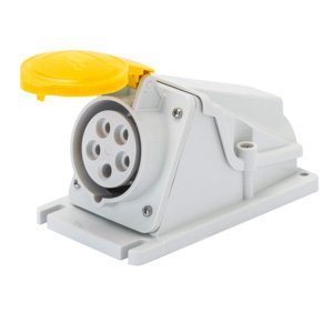 Gewiss 90° felületre szerelhető csatlakozó-aljzat - IP44 - 2P+E 32A 100-130V 50/60HZ - Sárga - 4H - Csavaros vezetékbekötésű termékfotó