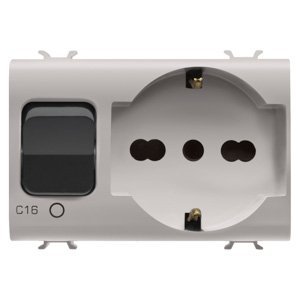 Gewiss Reteszelő kapcsolós csatlakozó-aljzat - 2P+E 16A - P40 - Kismegszakítóval 1P+N 16A - 230 V AC - 3 modulos - Szatén bézs - CHORUSMART