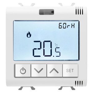 Gewiss Csatlakoztatott termosztát páratartalom méréssel - Zigbee - 100/240 V AC 50/60 HZ - NA 5A (AC1) 240 V AC - 2 modulos - Szatén fehér - CHORUSMART