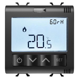 Gewiss Csatlakozatott termosztát páratartalom méréssel - Zigbee - 100/240 V AC 50/60 HZ - NA 5A (AC1) 240 V AC - 2 modulos - Szatén fekete - CHORUSMART
